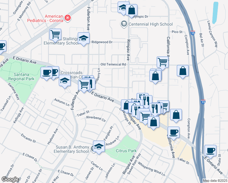 map of restaurants, bars, coffee shops, grocery stores, and more near 2217 Coachman Circle in Corona