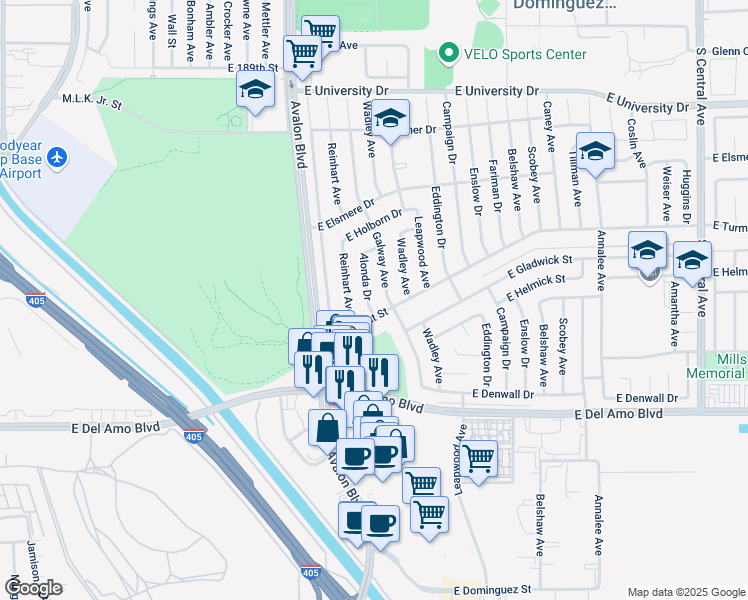 map of restaurants, bars, coffee shops, grocery stores, and more near 19919 Alonda Drive in Carson