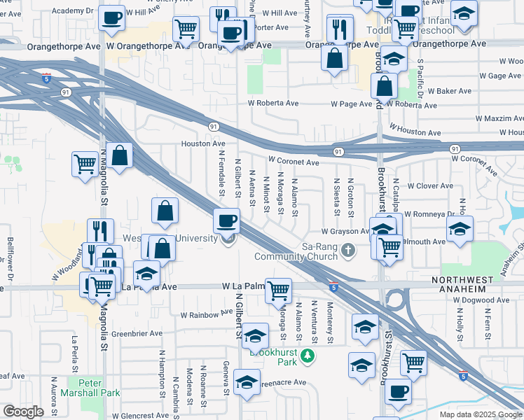 map of restaurants, bars, coffee shops, grocery stores, and more near 1247 North Minot Street in Anaheim