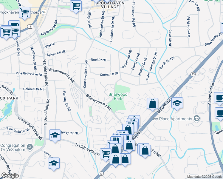 map of restaurants, bars, coffee shops, grocery stores, and more near 1468 Briarwood Road Northeast in Brookhaven