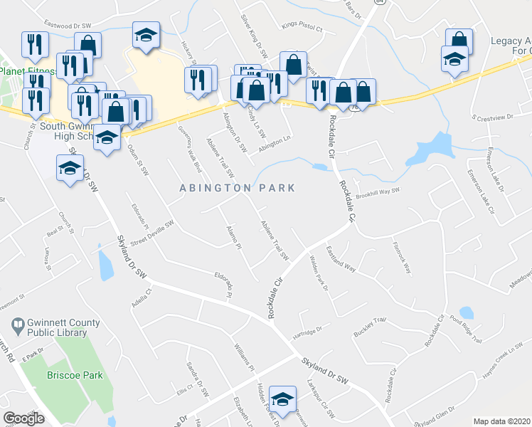 map of restaurants, bars, coffee shops, grocery stores, and more near 2776 Abilene Trail Southwest in Snellville