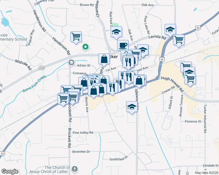 map of restaurants, bars, coffee shops, grocery stores, and more near in Tucker
