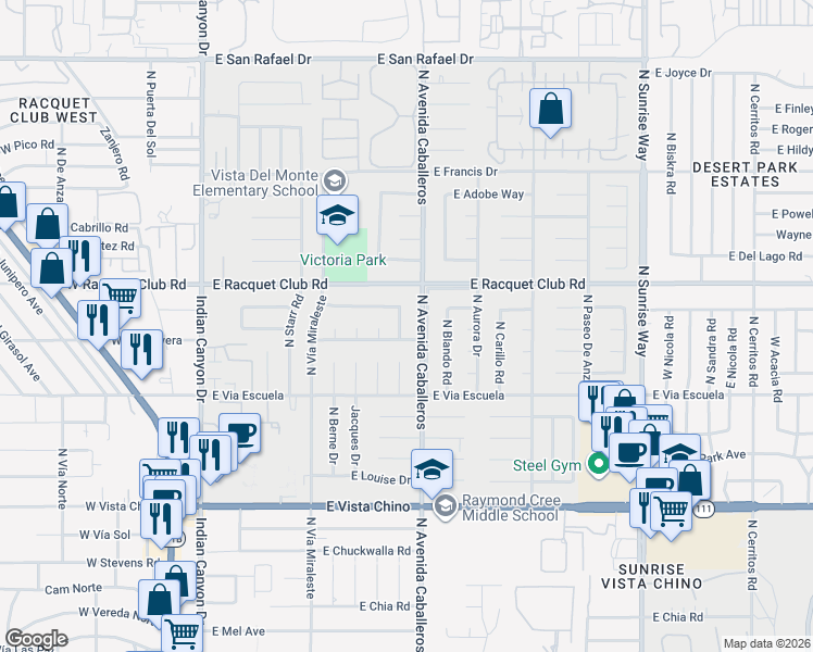 map of restaurants, bars, coffee shops, grocery stores, and more near 2340 North Duane Road in Palm Springs