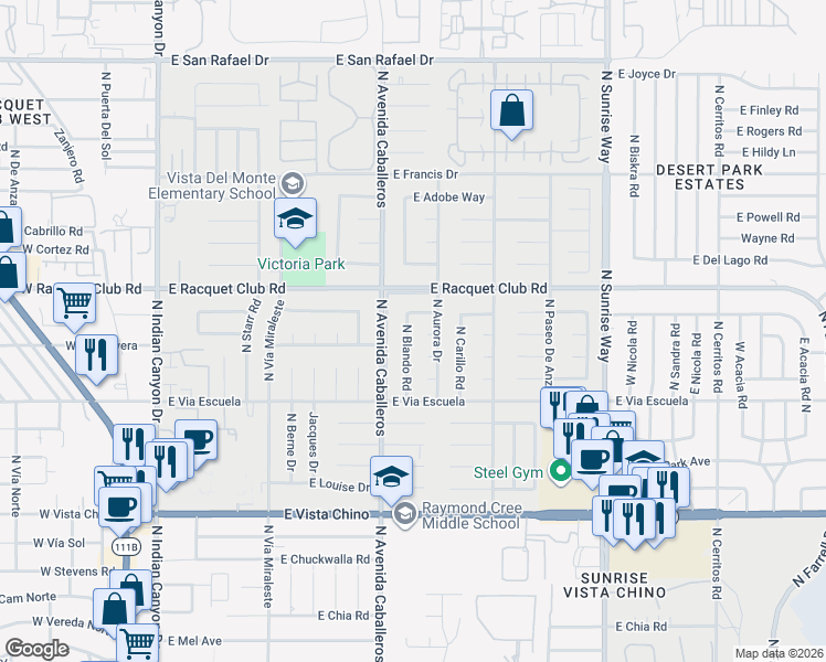 map of restaurants, bars, coffee shops, grocery stores, and more near 1179 East Duro Circle in Palm Springs