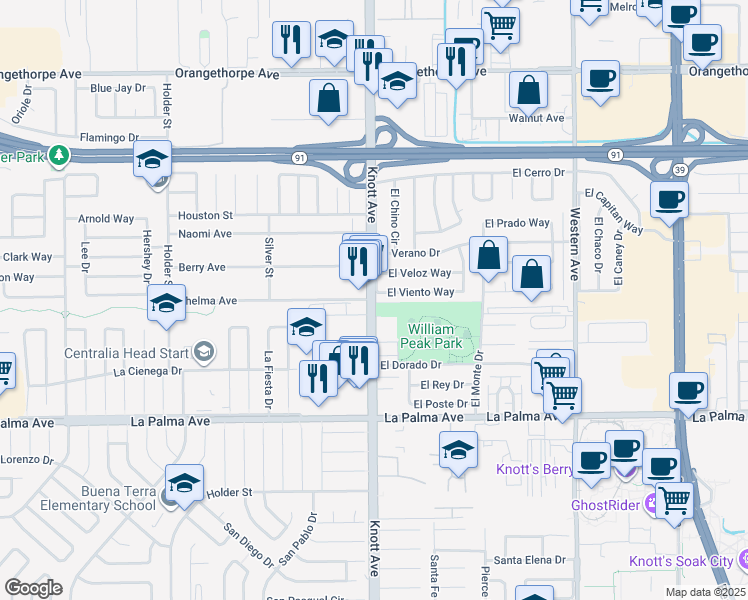 map of restaurants, bars, coffee shops, grocery stores, and more near Knott Ave & Thelma Ave in Buena Park