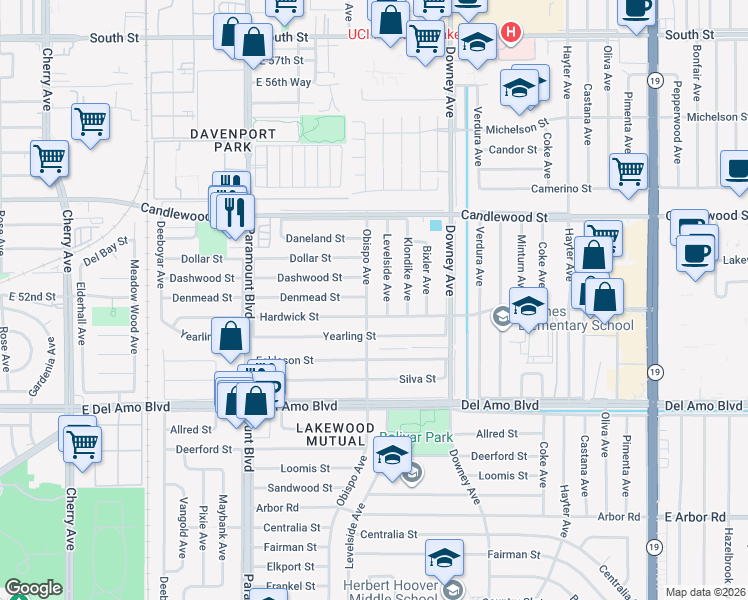 map of restaurants, bars, coffee shops, grocery stores, and more near 5116 Obispo Avenue in Lakewood