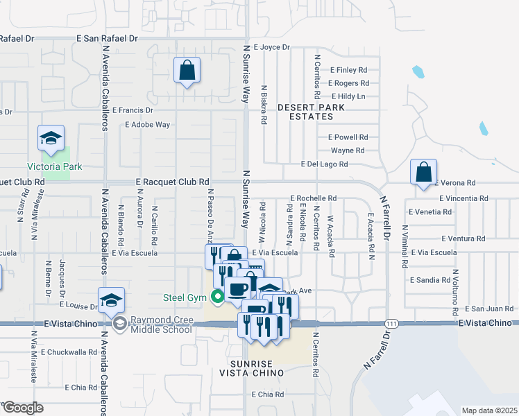 map of restaurants, bars, coffee shops, grocery stores, and more near 2315 East Nicola Road in Palm Springs