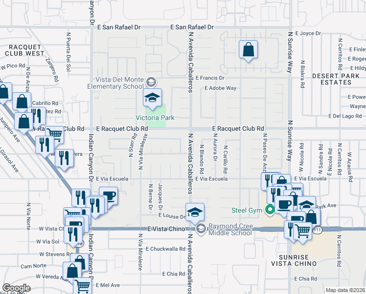 map of restaurants, bars, coffee shops, grocery stores, and more near 2311 North Duane Road in Palm Springs