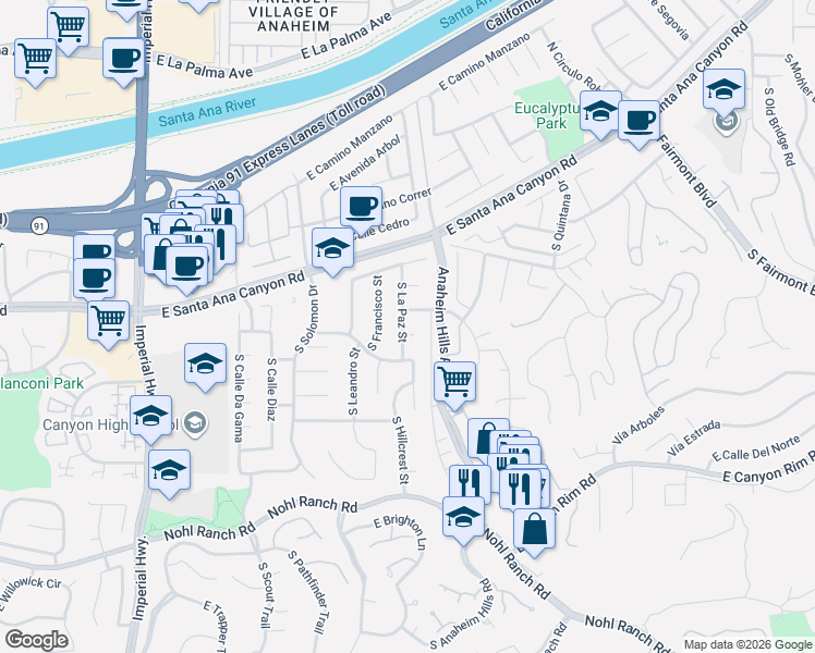 map of restaurants, bars, coffee shops, grocery stores, and more near 6008 East La Paz Circle in Anaheim