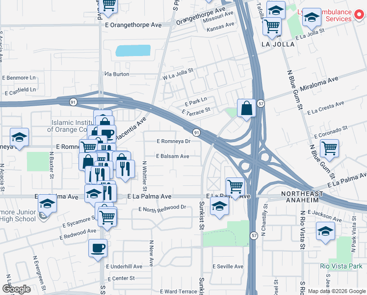 map of restaurants, bars, coffee shops, grocery stores, and more near 1141 North Dagna Place in Anaheim