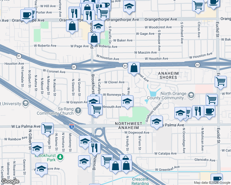 map of restaurants, bars, coffee shops, grocery stores, and more near 2110 West Romneya Drive in Anaheim
