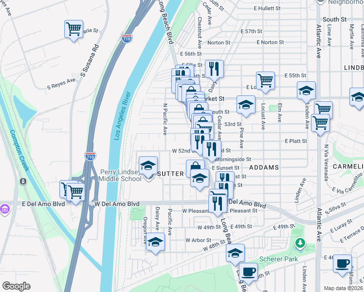map of restaurants, bars, coffee shops, grocery stores, and more near 45 West 52nd Street in Long Beach