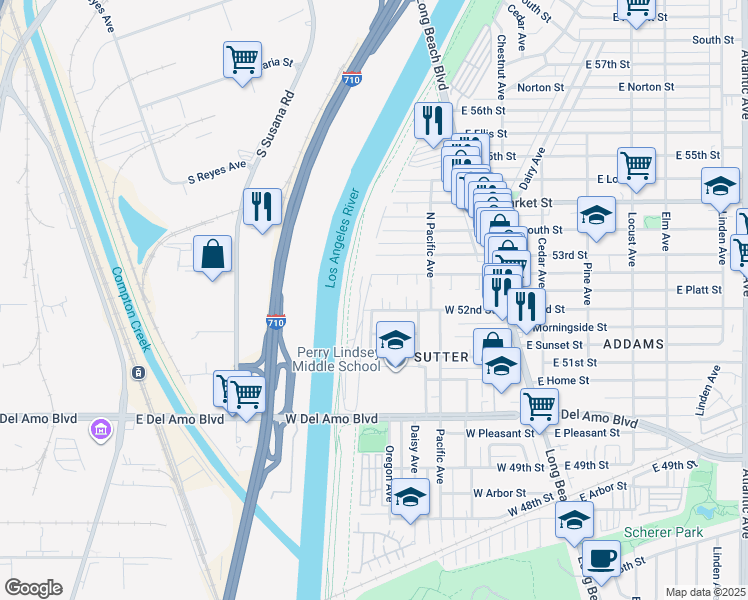 map of restaurants, bars, coffee shops, grocery stores, and more near 161 De Forest Avenue in Long Beach