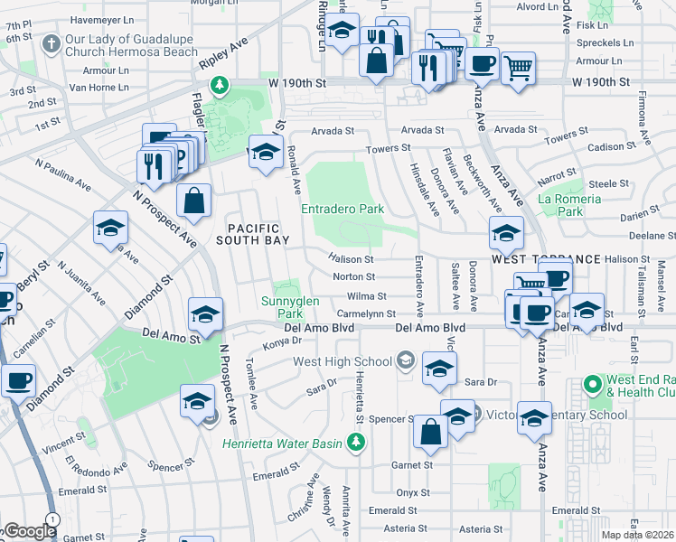 map of restaurants, bars, coffee shops, grocery stores, and more near 5522 Norton Street in Torrance