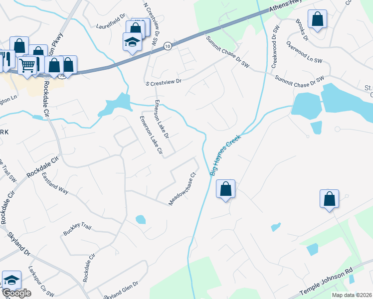 map of restaurants, bars, coffee shops, grocery stores, and more near 1977 Emerson Lake Circle in Snellville