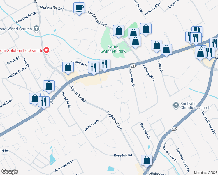 map of restaurants, bars, coffee shops, grocery stores, and more near 3042 Destin Circle in Snellville