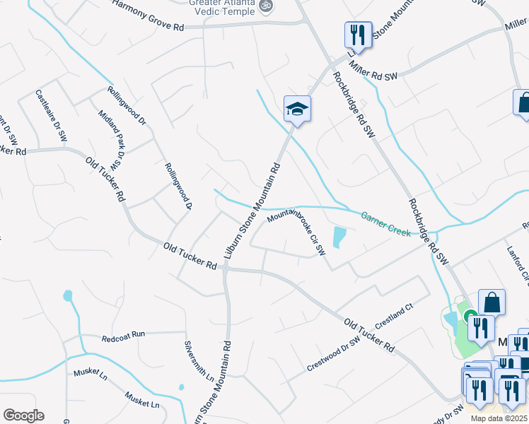 map of restaurants, bars, coffee shops, grocery stores, and more near 771 Mountainbrooke Circle Southwest in Stone Mountain