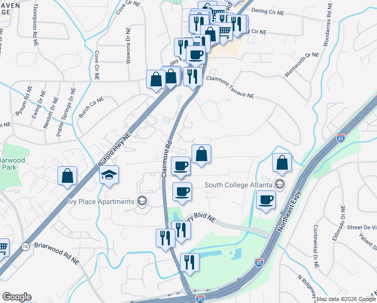 map of restaurants, bars, coffee shops, grocery stores, and more near 3151 Rutter Drive in Atlanta