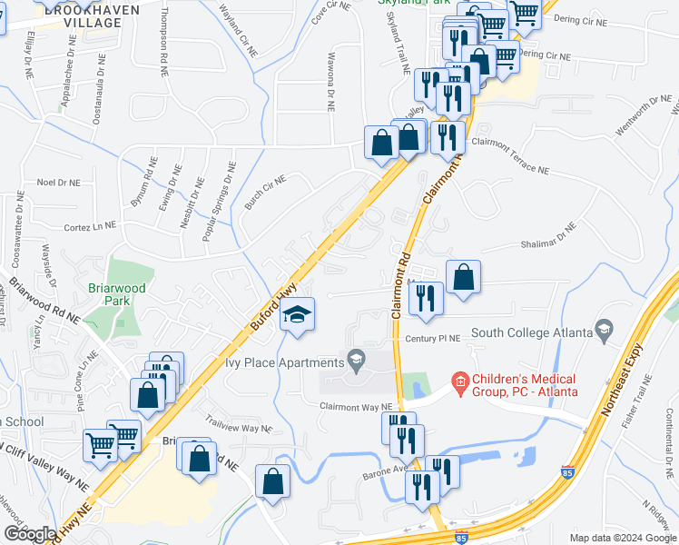 map of restaurants, bars, coffee shops, grocery stores, and more near 3649 Buford Highway Northeast in Atlanta