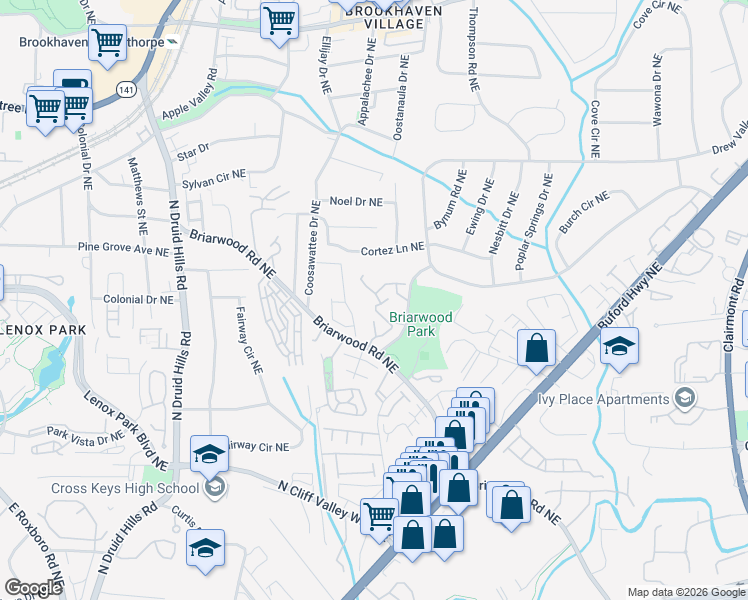 map of restaurants, bars, coffee shops, grocery stores, and more near 1468 Briarwood Road Northeast in Atlanta