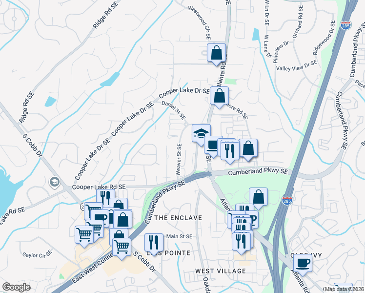 map of restaurants, bars, coffee shops, grocery stores, and more near 4221 Weaver Street Southeast in Smyrna
