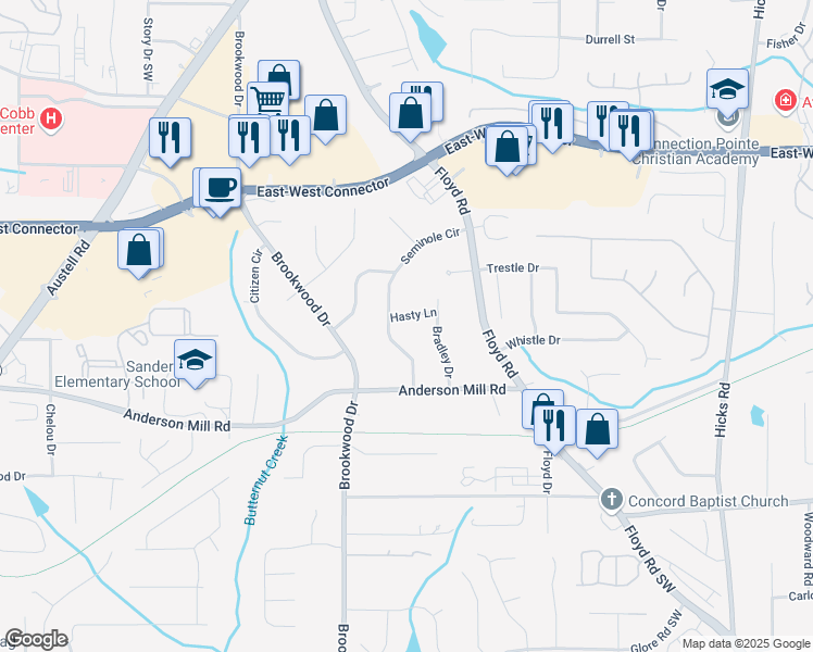 map of restaurants, bars, coffee shops, grocery stores, and more near 4210 Hasty Lane in Austell