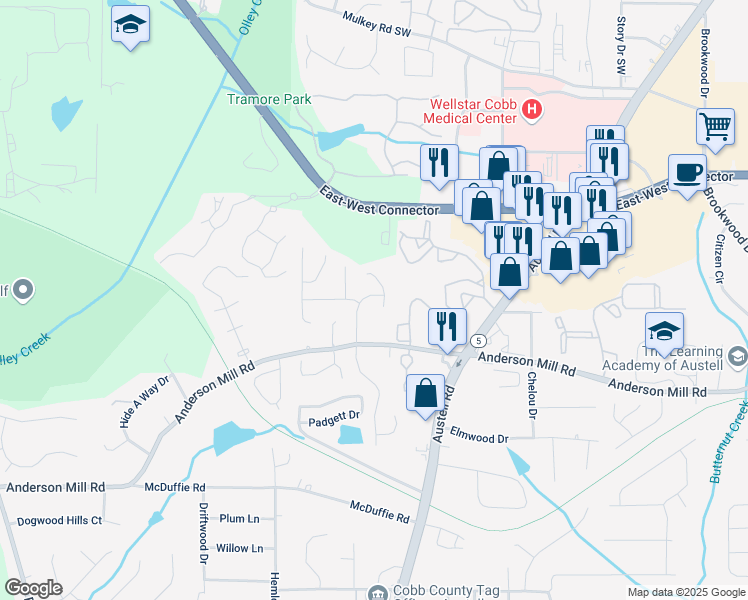 map of restaurants, bars, coffee shops, grocery stores, and more near 4303 Anderson Ridge Drive in Austell