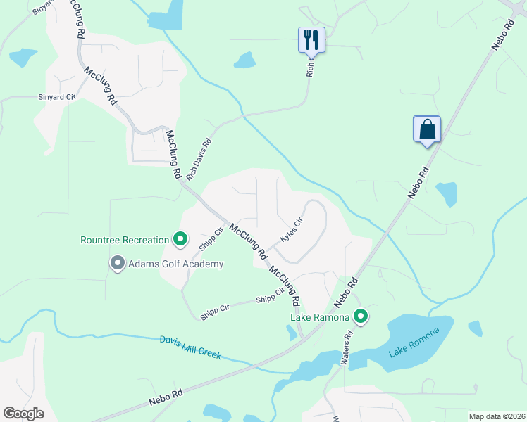 map of restaurants, bars, coffee shops, grocery stores, and more near 69 Mary Dean Lane in Hiram