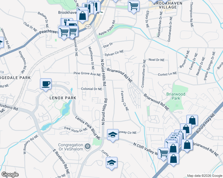 map of restaurants, bars, coffee shops, grocery stores, and more near 2262 Fairway Circle Northeast in Atlanta