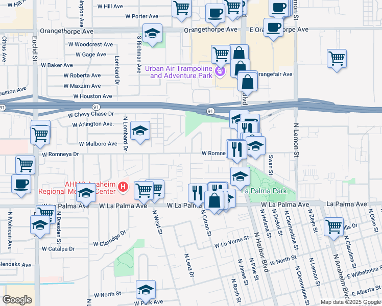map of restaurants, bars, coffee shops, grocery stores, and more near 906 W Romneya Dr in Anaheim