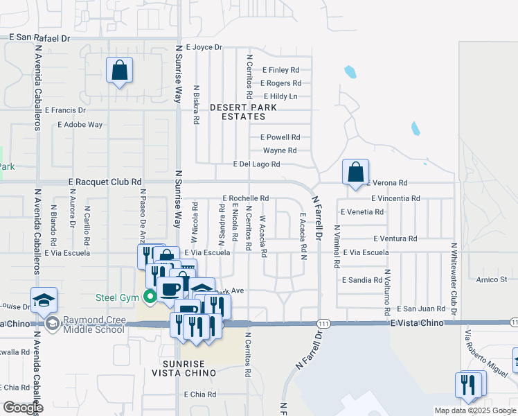 map of restaurants, bars, coffee shops, grocery stores, and more near 2351 West Acacia Road in Palm Springs