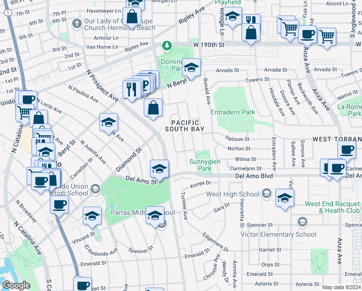 map of restaurants, bars, coffee shops, grocery stores, and more near 19923 Mildred Avenue in Torrance