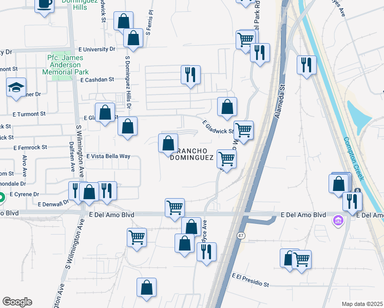 map of restaurants, bars, coffee shops, grocery stores, and more near 19009 South Laurel Park Road in Compton