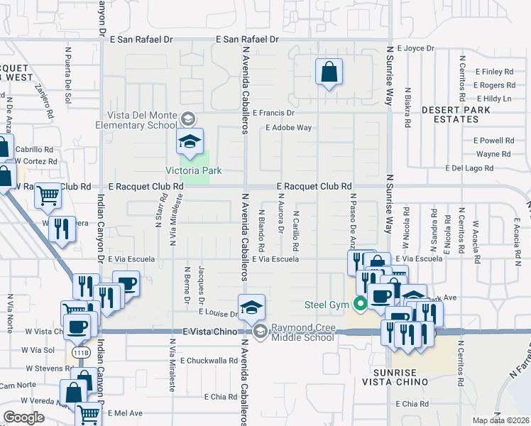 map of restaurants, bars, coffee shops, grocery stores, and more near 2356 North Blando Road in Palm Springs