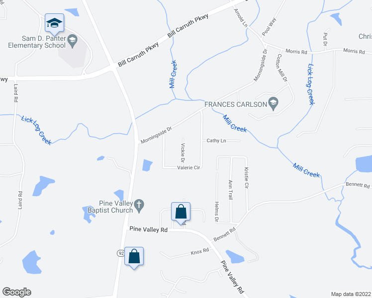 map of restaurants, bars, coffee shops, grocery stores, and more near 90 Vickie Drive in Hiram