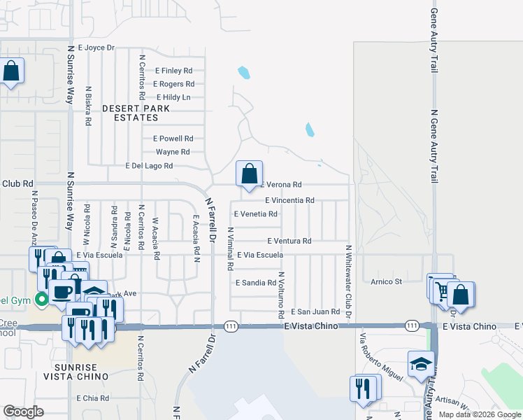 map of restaurants, bars, coffee shops, grocery stores, and more near 2802 East Venetia Road in Palm Springs