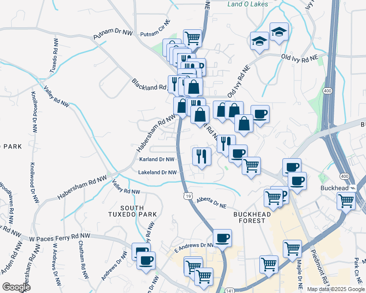 map of restaurants, bars, coffee shops, grocery stores, and more near 3501 Roswell Road Northeast in Atlanta
