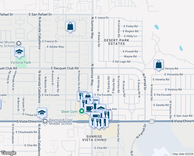 map of restaurants, bars, coffee shops, grocery stores, and more near 2315 East Nicola Road in Palm Springs