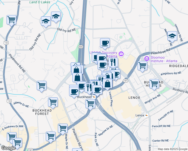 map of restaurants, bars, coffee shops, grocery stores, and more near 3390 Stratford Road Northeast in Atlanta