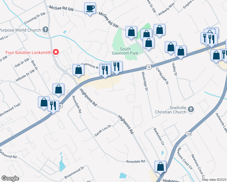 map of restaurants, bars, coffee shops, grocery stores, and more near 3094 Destin Circle in Snellville