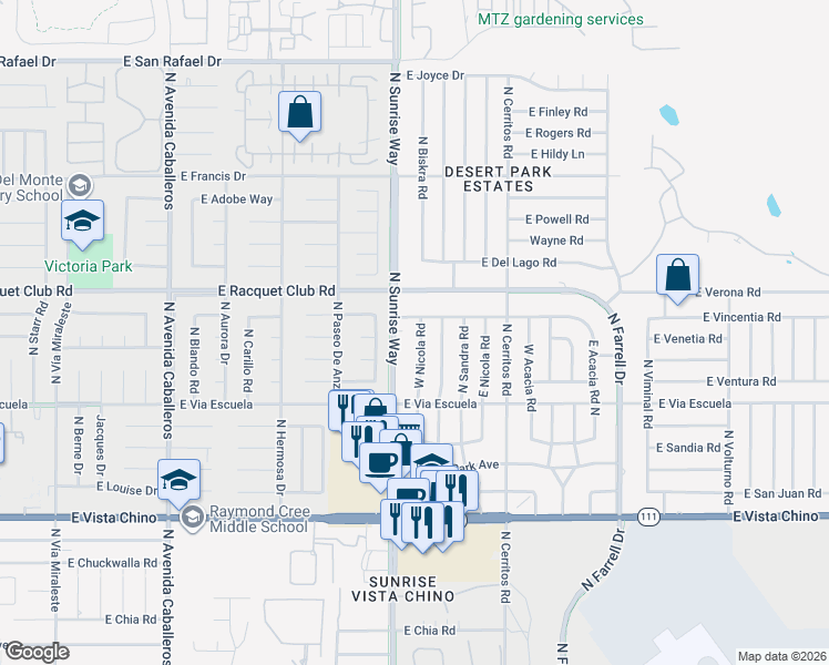 map of restaurants, bars, coffee shops, grocery stores, and more near 2315 East Nicola Road in Palm Springs