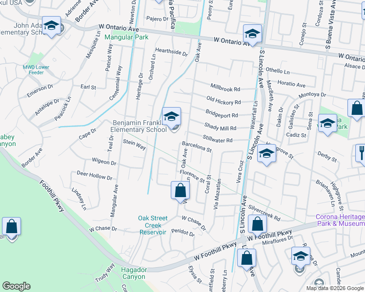 map of restaurants, bars, coffee shops, grocery stores, and more near 2809 Lancaster Lane in Corona