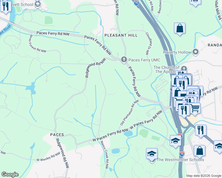 map of restaurants, bars, coffee shops, grocery stores, and more near 3499 Nancy Creek Road Northwest in Atlanta