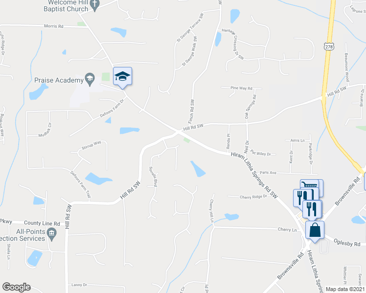 map of restaurants, bars, coffee shops, grocery stores, and more near 4211 Sorrells Boulevard in Powder Springs