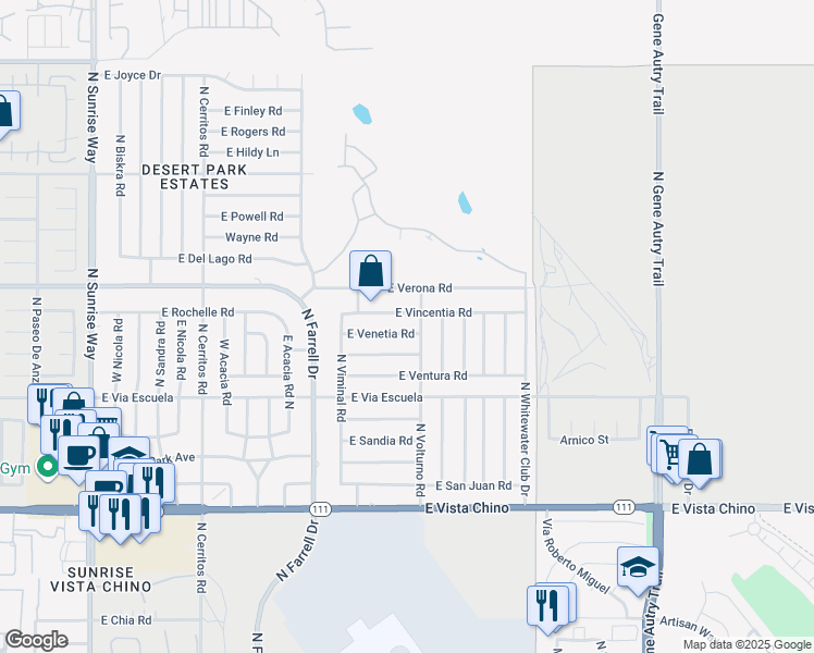 map of restaurants, bars, coffee shops, grocery stores, and more near 2888 East Venetia Road in Palm Springs