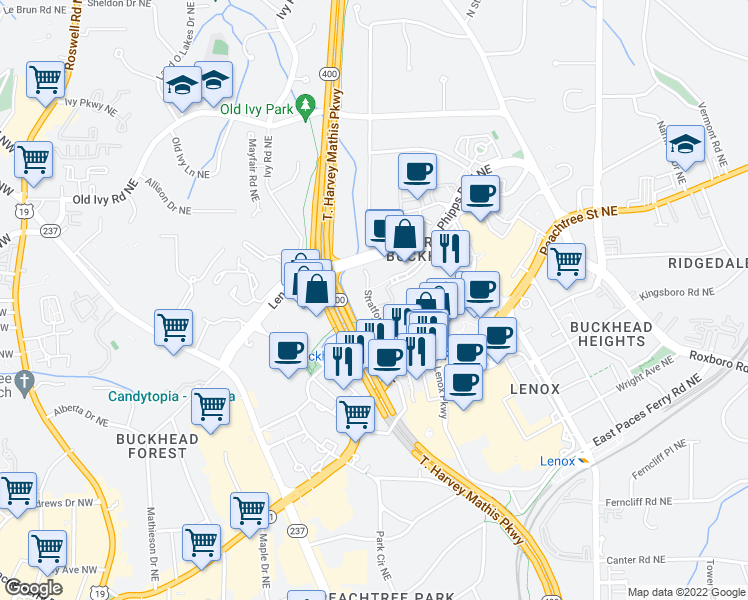 map of restaurants, bars, coffee shops, grocery stores, and more near 3390 Stratford Road Northeast in Atlanta