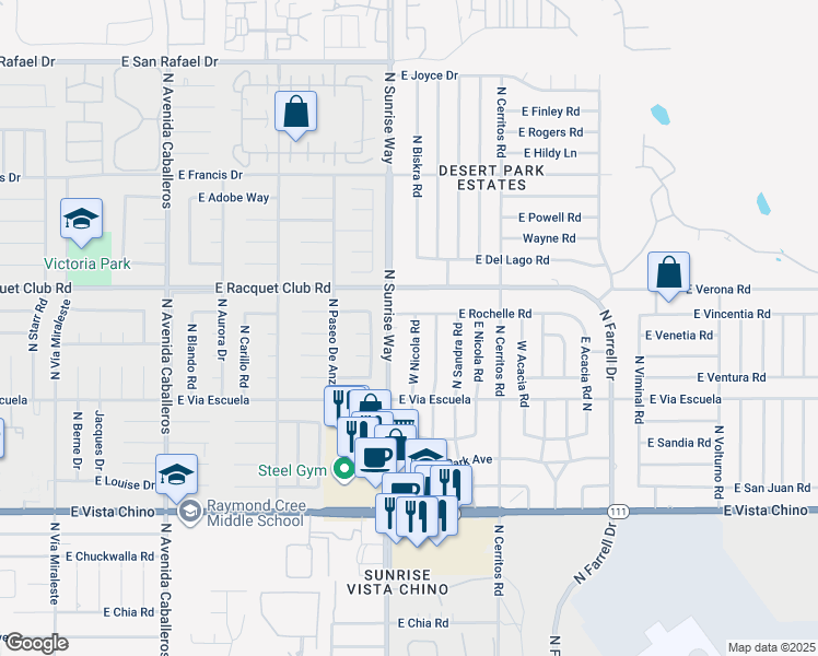 map of restaurants, bars, coffee shops, grocery stores, and more near 2315 East Nicola Road in Palm Springs