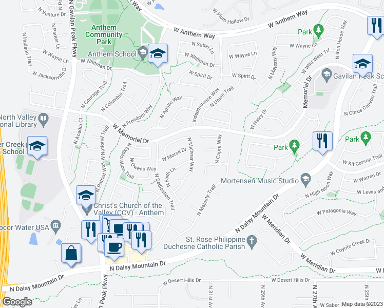 map of restaurants, bars, coffee shops, grocery stores, and more near 40300 North Michner Way in New River