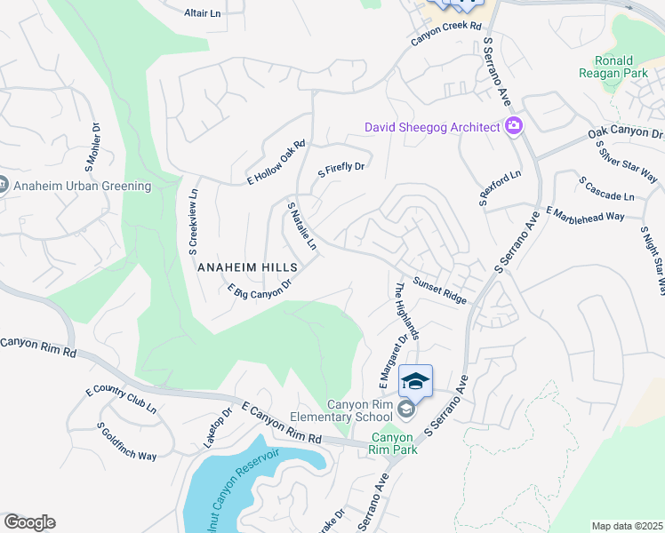 map of restaurants, bars, coffee shops, grocery stores, and more near 7686 East Big Canyon Drive in Anaheim