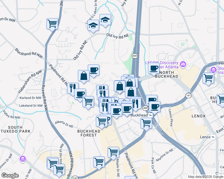 map of restaurants, bars, coffee shops, grocery stores, and more near 18 Ivy Chase Northeast in Atlanta